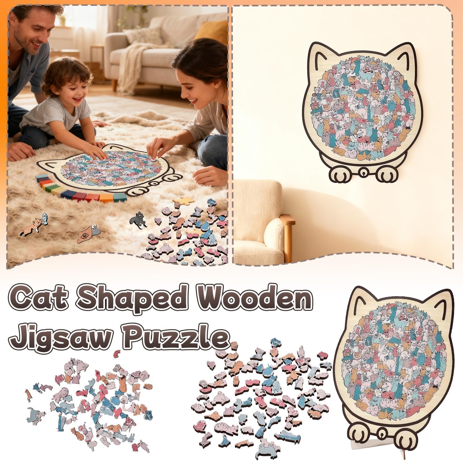 Puzzle In Legno Magico Felino Per Adulti 280 Pezzi - Forme Uniche Di Animali - 34x34 Cm Con Scatola Regalo - 4