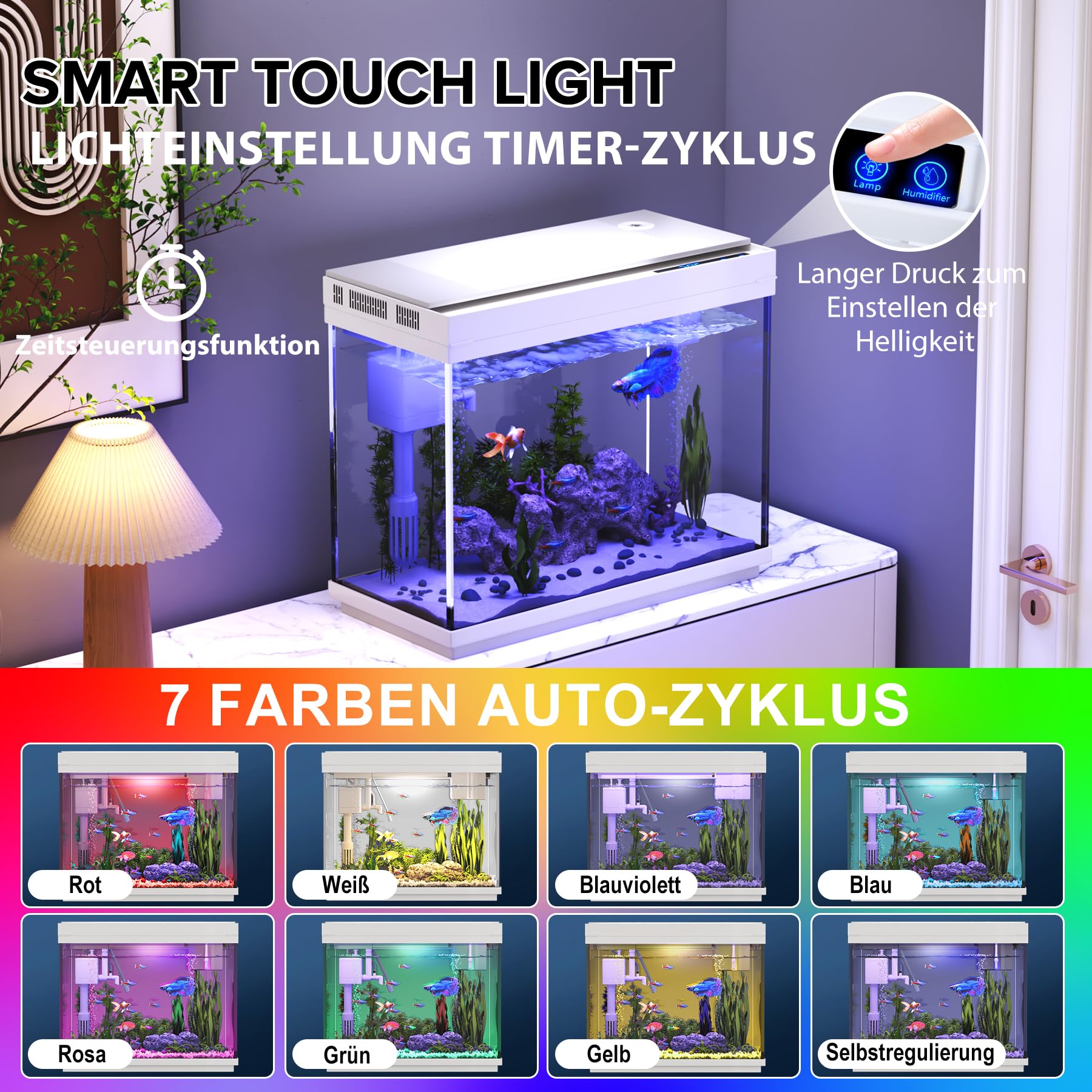 Vehipa 9L Aquarium Komplettset, Mini Nano Aquarium Büro-Desktop-Dekoration | mit Filter, Heizer, 7-farbige Beleuchtung, intelligentem Luftbefeuchter