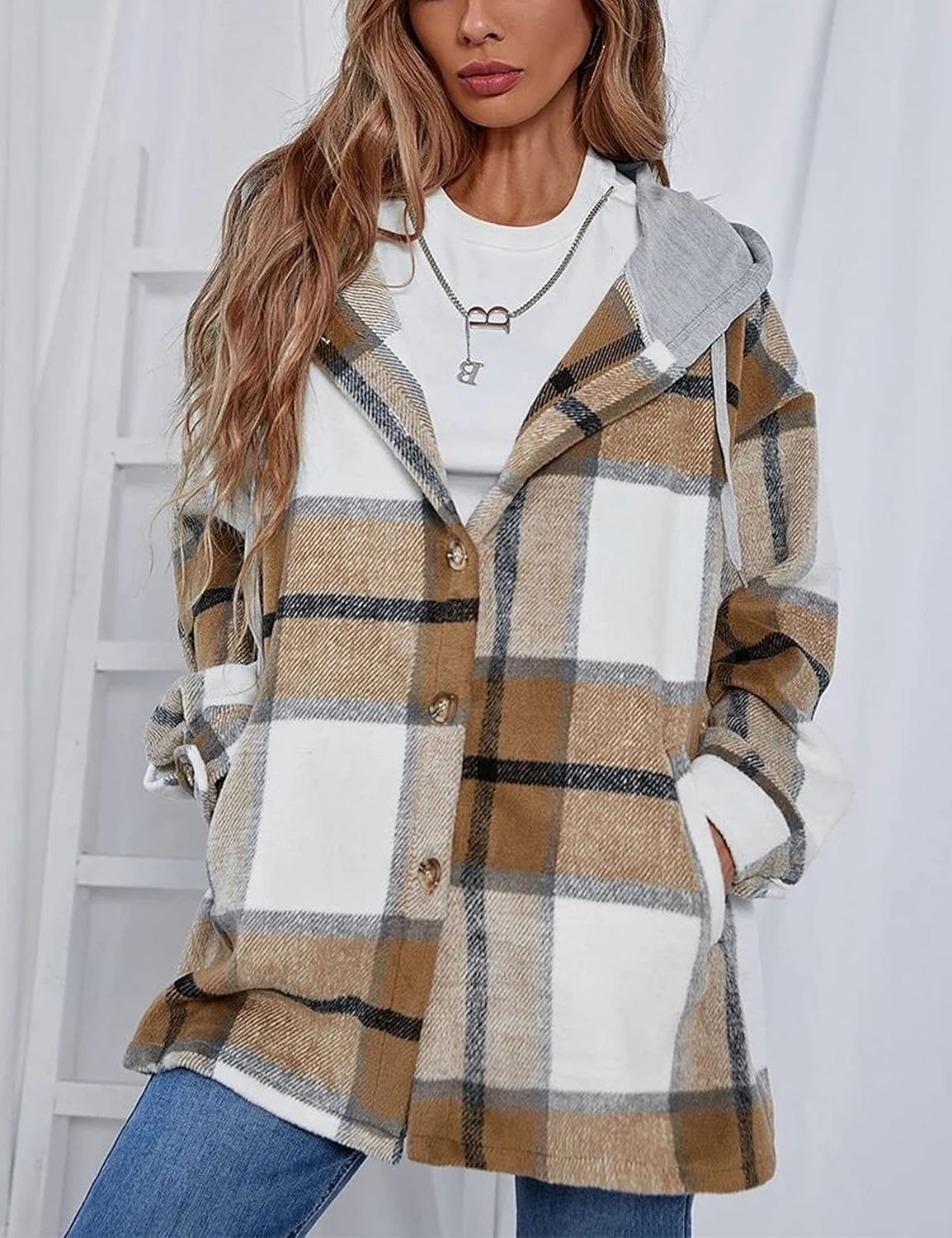 Zontroldy Womens Hooded Shacket Jacket Oversized Casual Flannel Plaid Wool Blend Button Down Shirt Coat Jackets - Image 2