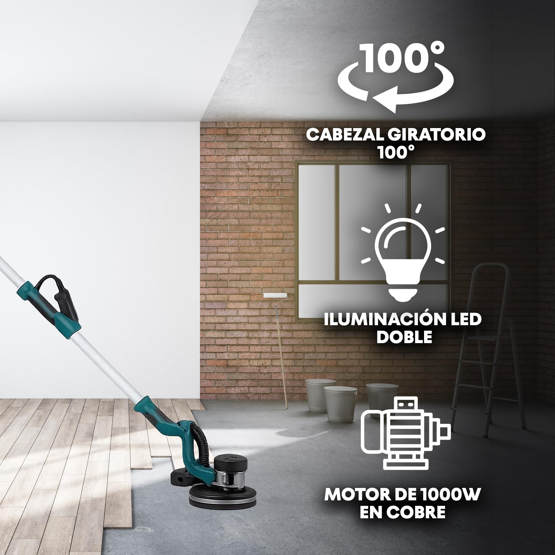 DÜSSELDORF | Lijadora Pared Telescópica, Plegable,Jirafa 1000-1920RPM, Diámetro del Disco, Motor Totalmente de Cobre, Velocidades Ajustables, Luz LED