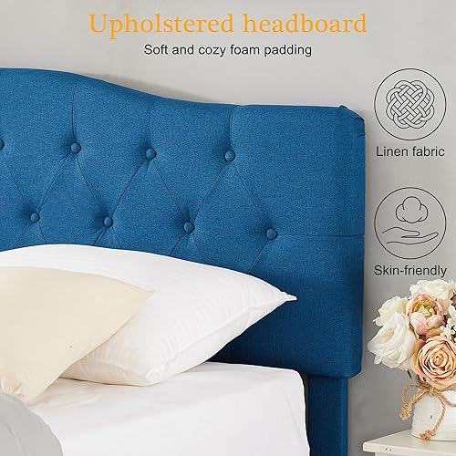 Miniatura 20 de VECELO Base de cama de plataforma de tamaño matrimonial con cabecera tapizada de tela y soporte de listones de madera, no necesita somier, fácil