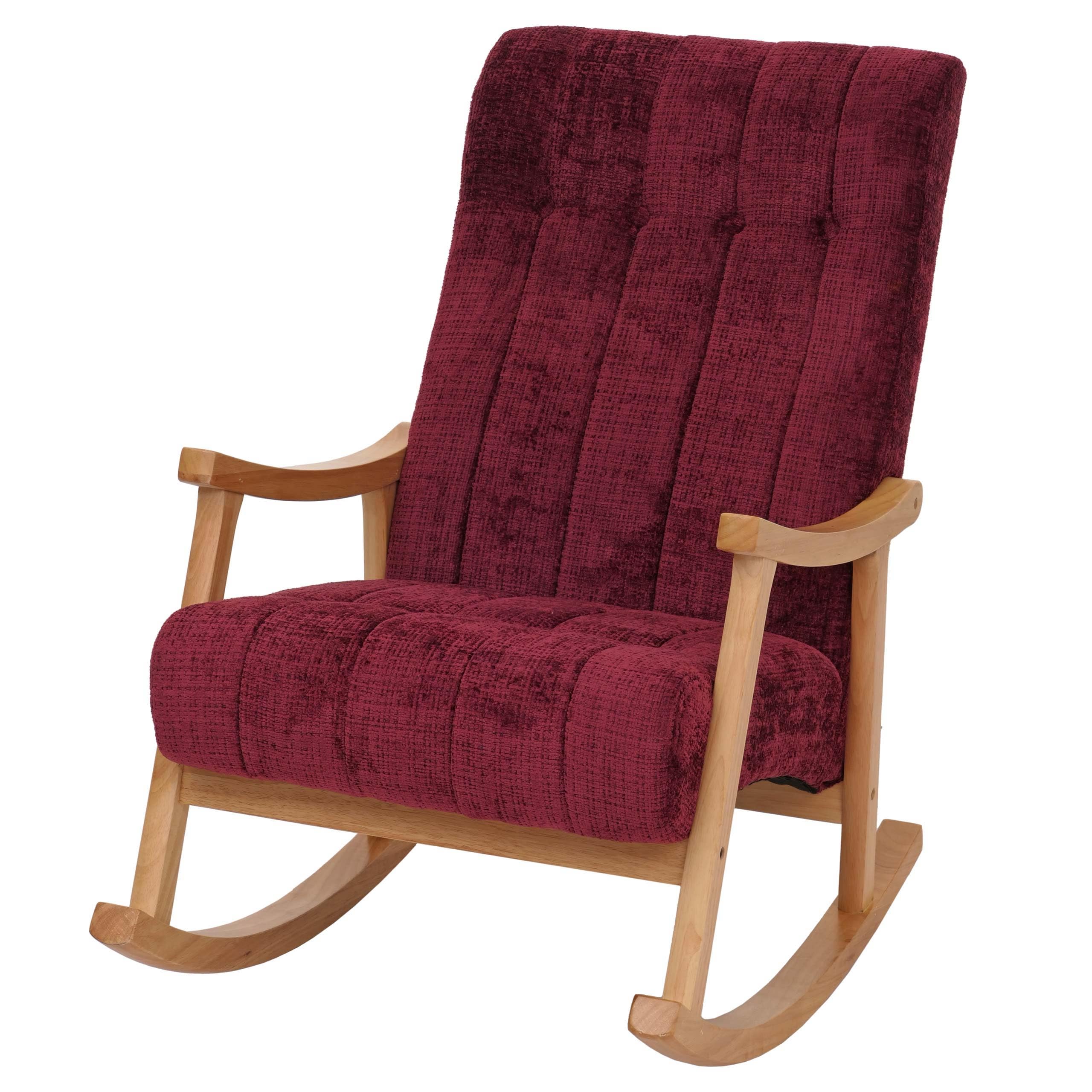 Mendler Schaukelstuhl HWC-K10, Relaxsessel, Holz FSC® Stoff/Textil Chenille (465g/m²) - Bordeaux, Gestell Natur