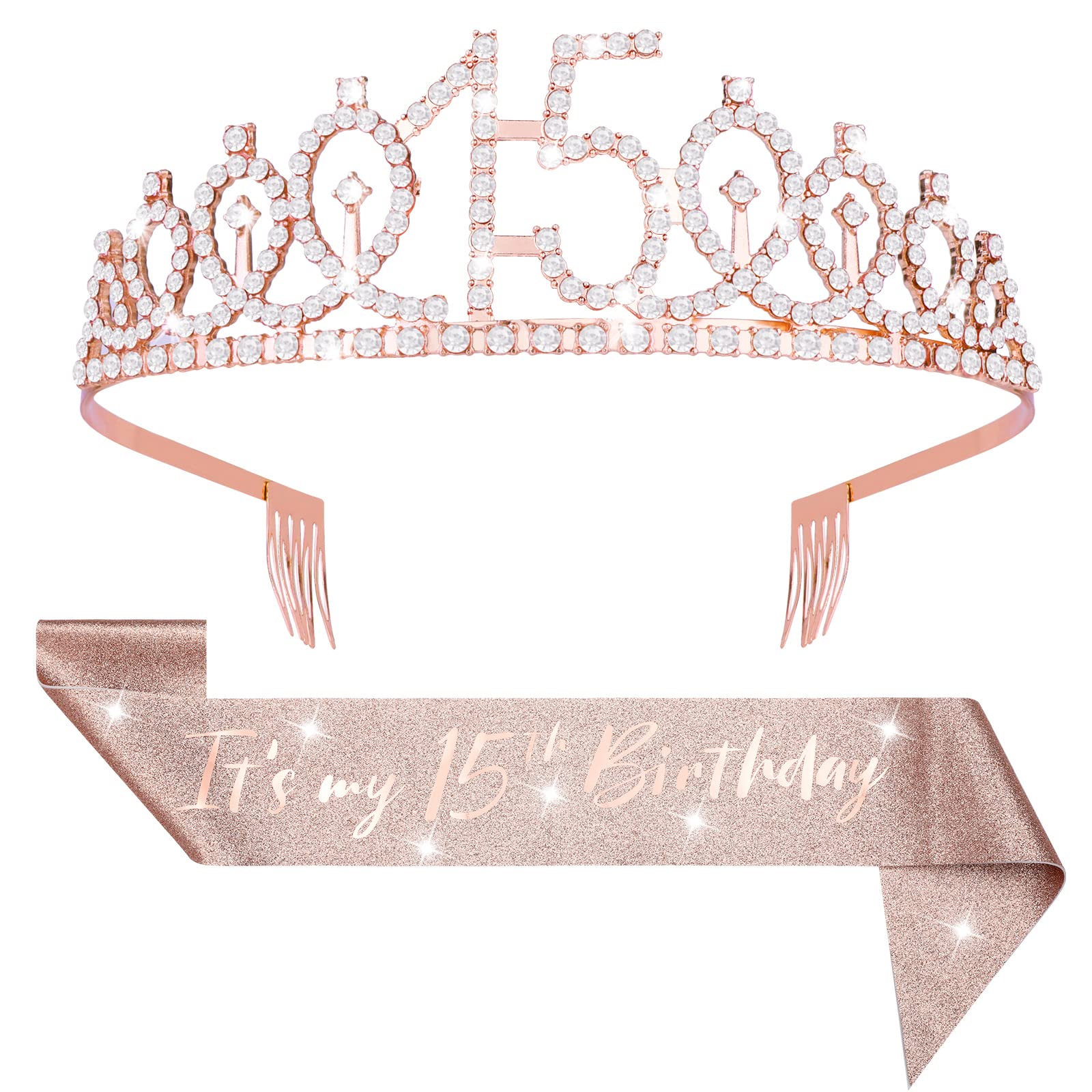 Abeillo 'It's My 15th Birthday' Sjerp & Tiara – Rose Goud – 15e Verjaardagsset Voor Meisjes – Feestelijke Decoratie & Cadeau