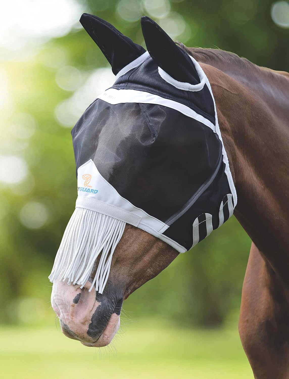 Shires Fine Mesh Fly Mask with Ears & Nose Fringe - 60% UV Black/Small Pony