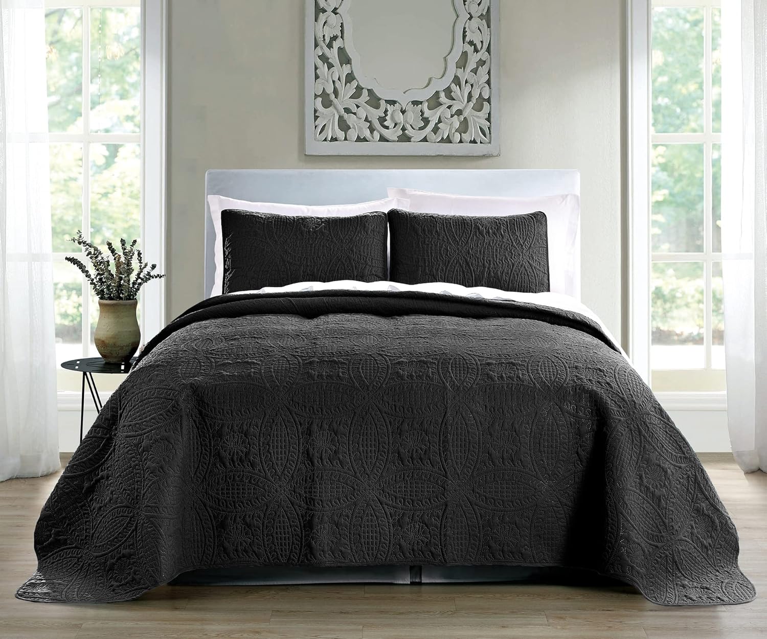 Pure Bedding Quilt Set King/Cal King/California King Size Black - Oversized Bedspread - Soft Microfiber Lightweight Coverlet for All Season - 3 Piece Includes 1 Quilt and 2 Shams, Geometric Pattern - Image 2