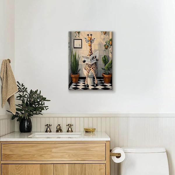 Cadre en Bois Impression sur Toile Girafe Tableau Affiche Decoration Murale Image sur Toile Girafe Amusante Lisant le Journal sur les Toilettes Tableau Decoration Murale Salle de bain WC 30x40cm - 3