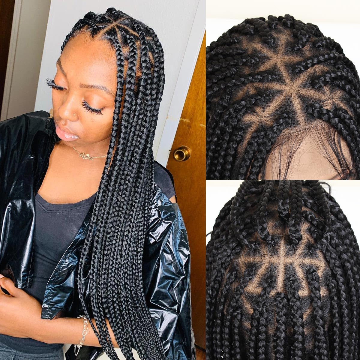 KRALER 36 inch Box Braided Wig for Black Women, Triangle Based Box Braid Wig Full Double Lace Knotless Braided Wigs Pre Plucked with Baby Hair