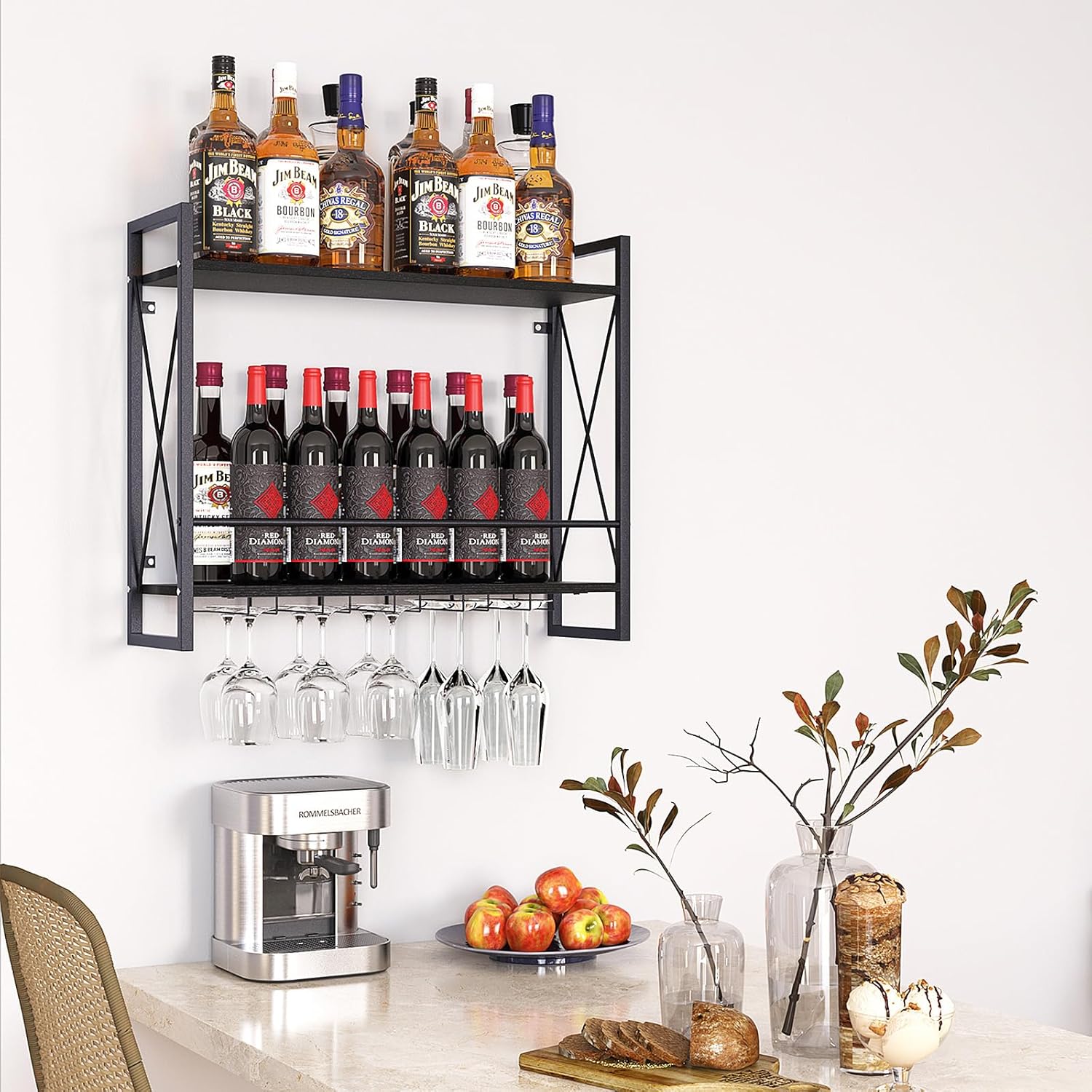 Dokser Wine Rack Wall Mounted 2 Tier Shelf, Wall Wine Rack with Rustic Wood & Industrial Iron Frame, Wine Bottle Holder for Kitchen, Dining Room, Home Bar Decor (Black)