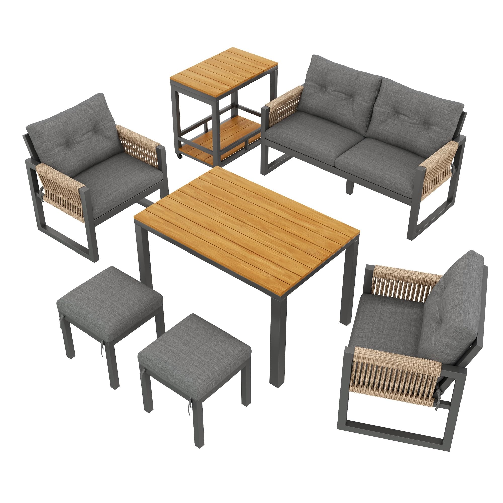 Gartenmöbel Sitzgruppe für 6 Personen, Outdoor Möbel 6-teilig mit Sofa und Couchtisch, Gartenmöbel Set mit Sitzkissen und Kissen, Balkonmöbel Essgruppe für Garten Balkon Terrasse, Grau+Natur