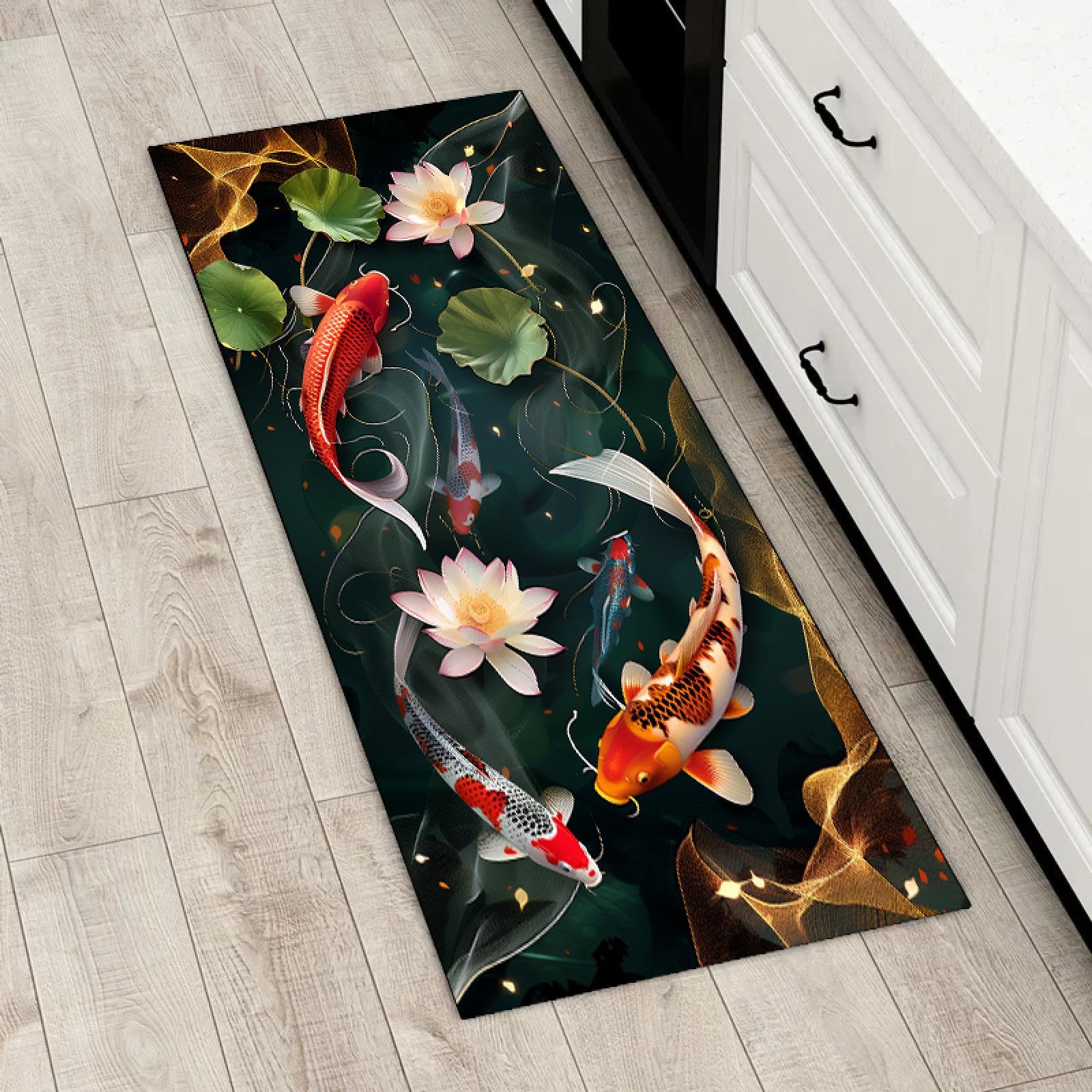Tapis de cuisine rouge poissons lotus style chinois de qualité 60x200