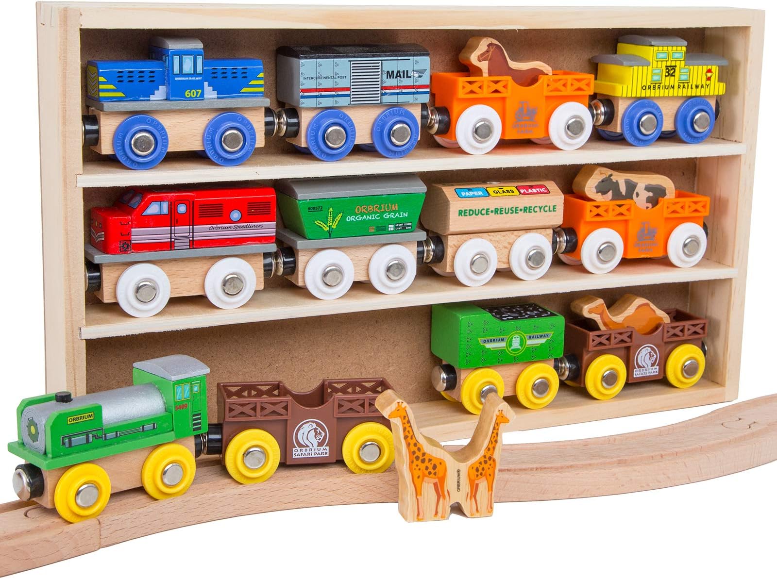ORBRIUM Wooden Train Cars & Engines Collection (18 Pcs) - Compatible with Thomas, Brio, Chuggington - Animal & Circus Theme