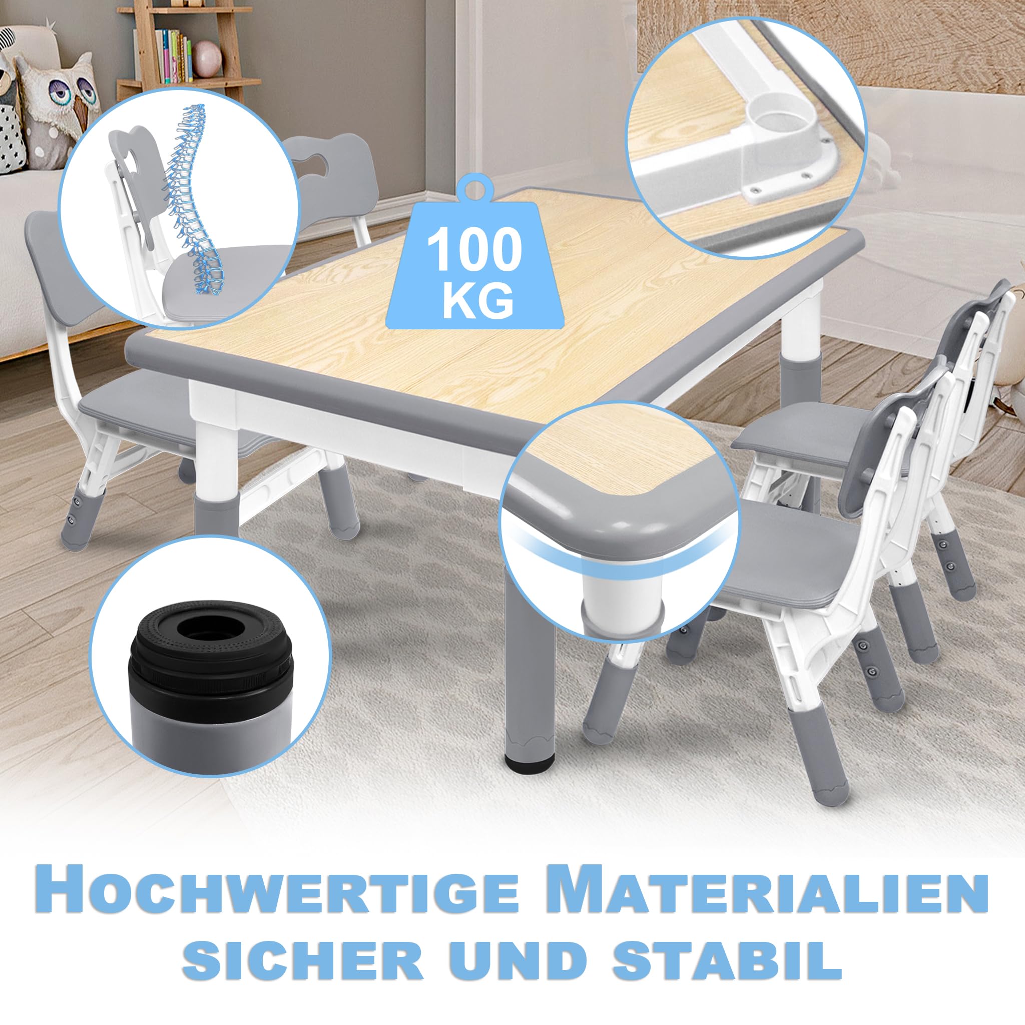 Kindertisch mit 4 Stühlen, Kindersitzgruppe Tisch Stuhl Höhenverstellbar für Kinder 2-10 Jahre