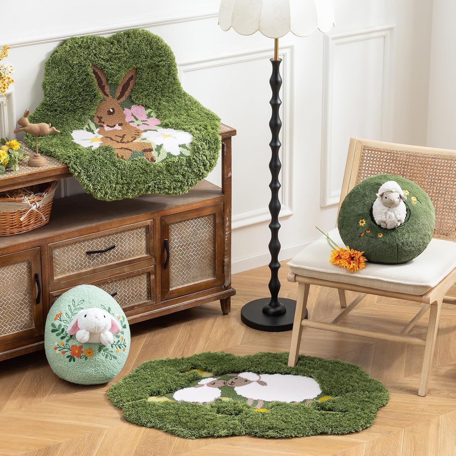 Phantoscope Happy Easter Rug, Flower Shaped Area Rug with Sheep, Non-Slip Soft Microfiber Tufted Door Mat Plush Little Lamb Rug for Living Room Bedroom, Green, 25.5 x 39 inches