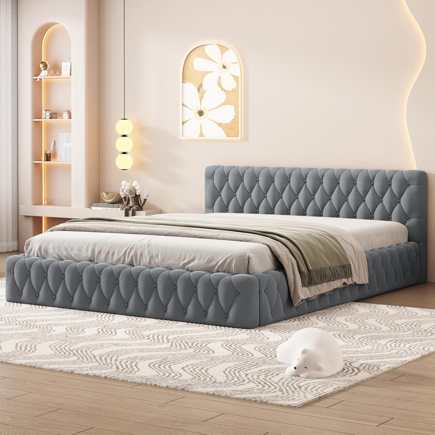 Queen Size Upholstered Platform Bed with Headboard for Living Room Bedroom,Velvet Platform Bed w/Wood Slats Support, No Box Spring Needed,Gray