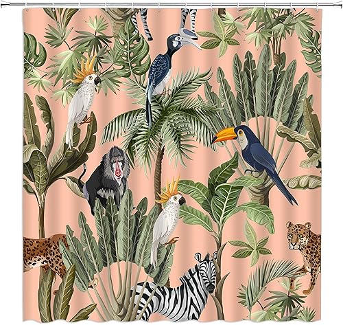 Miniatura 5 de Cortina de ducha de leopardo de selva, animales salvajes, safari, bosque, guepardo, mono, cebra, hojas de palmera tropical, tela de selva tropical,