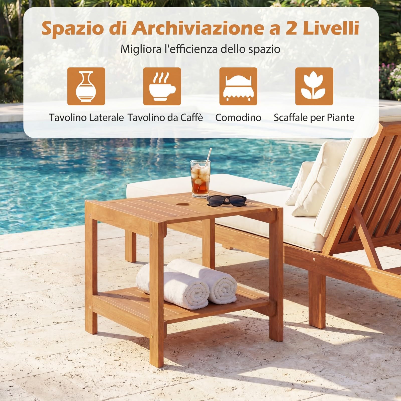 COSTWAY Tavolino da Esterno con Foro per Ombrellone 4 cm, Tavolo da Balcone in Legno Massello, a 2 Ripiani, Salvasapzio, per Giardino, Terrazzo, Cortile, Portata 40 kg, 51 x 48 x 45 cm