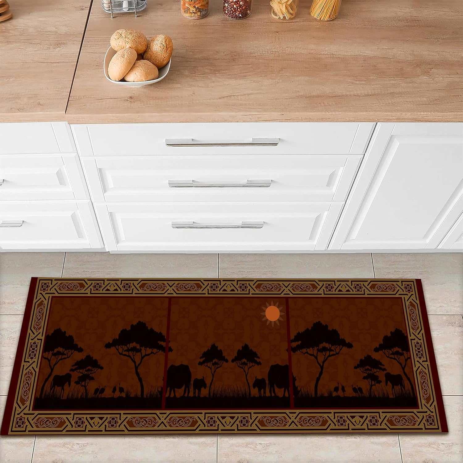 Rustic Runner Rugs for Cabin, 2x7ft, Black Pine Trees Wlid Animal Rhino Horse Long Hallway Rug Runners, Anti-Slip Durable Brown Corridor Floor Mat for Playroom Girls Nursery Living Room
