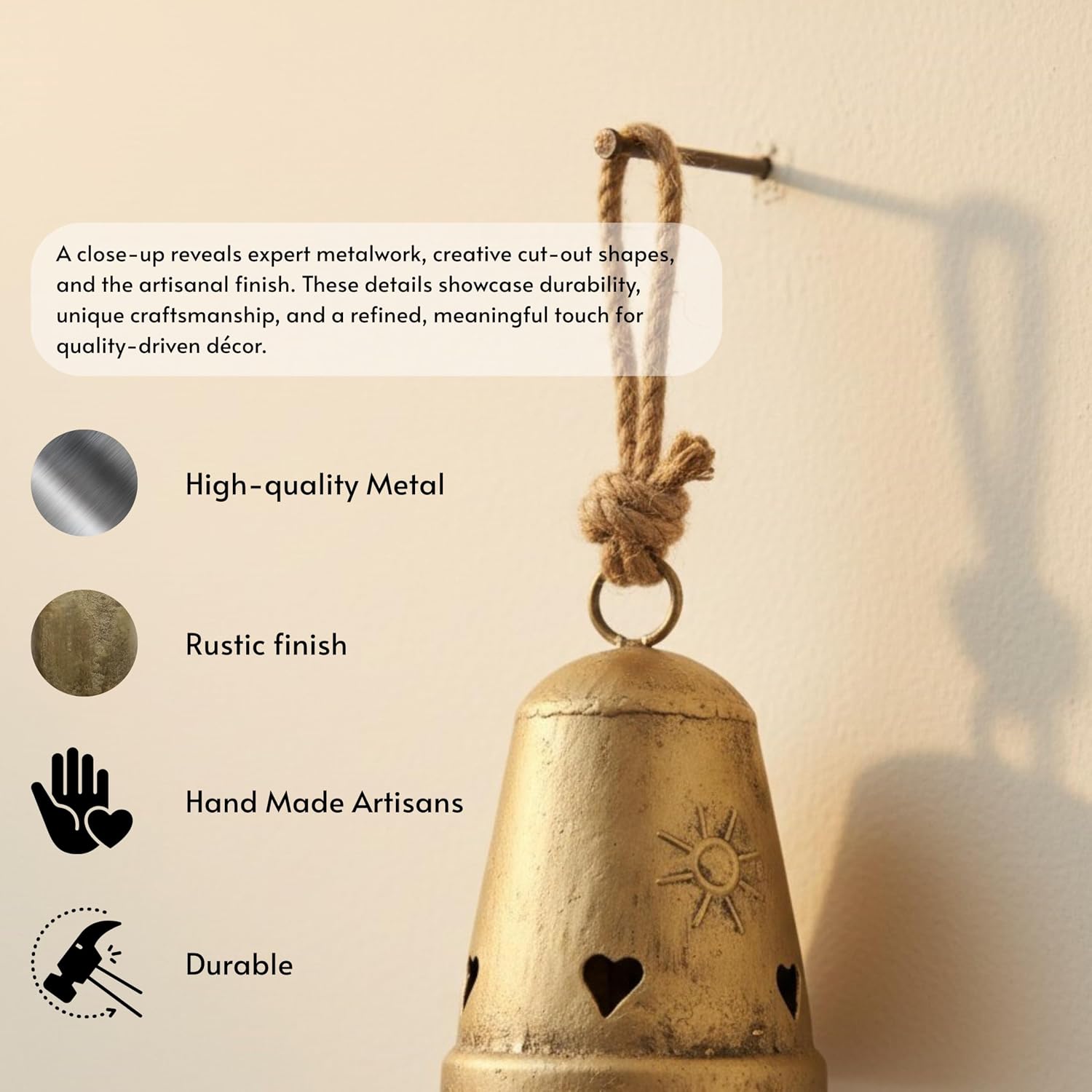 Handcrafted Iron Hanging Bell | Rustic Vintage Bell with Heart & Sun Cutouts | Jute Rope Bell for Home & Garden Décor Golden Finish (5.5" x 3.5")