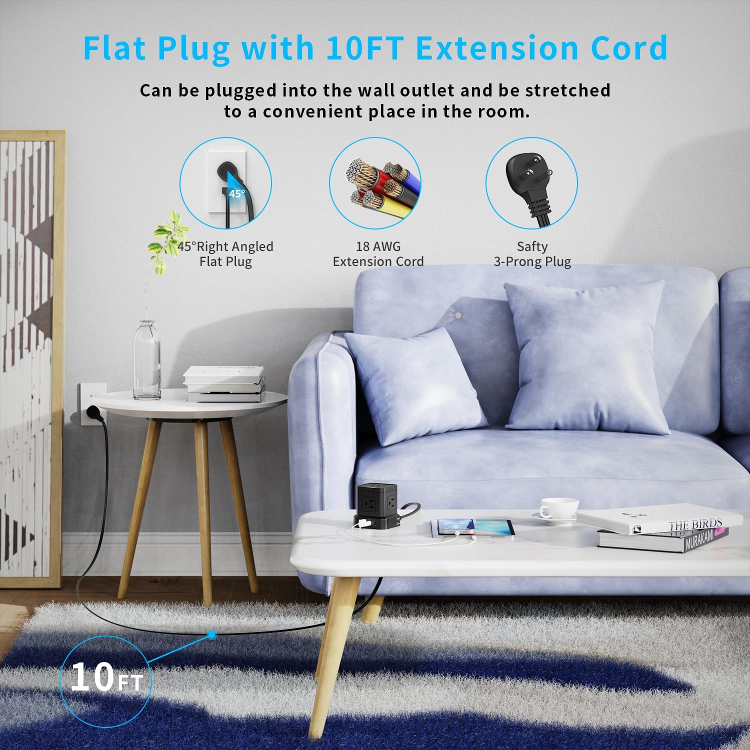 TOPREK Power Strip Surge Protector (700J), 10 FT Flat Extension Cord with 5 Outlets, 2 USB-C & 2 USB-A, Power Strip with USB for Home, Office, Dorm, Hotel, Travel, Compact Desk Charging Station