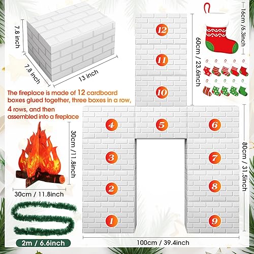 Miniatura 2 de 34 chimeneas de cartón de Navidad 3D de 39 x 59 pulgadas, chimenea artificial de Navidad con medias de llama de fuego 3D, guirnalda de pino, telón