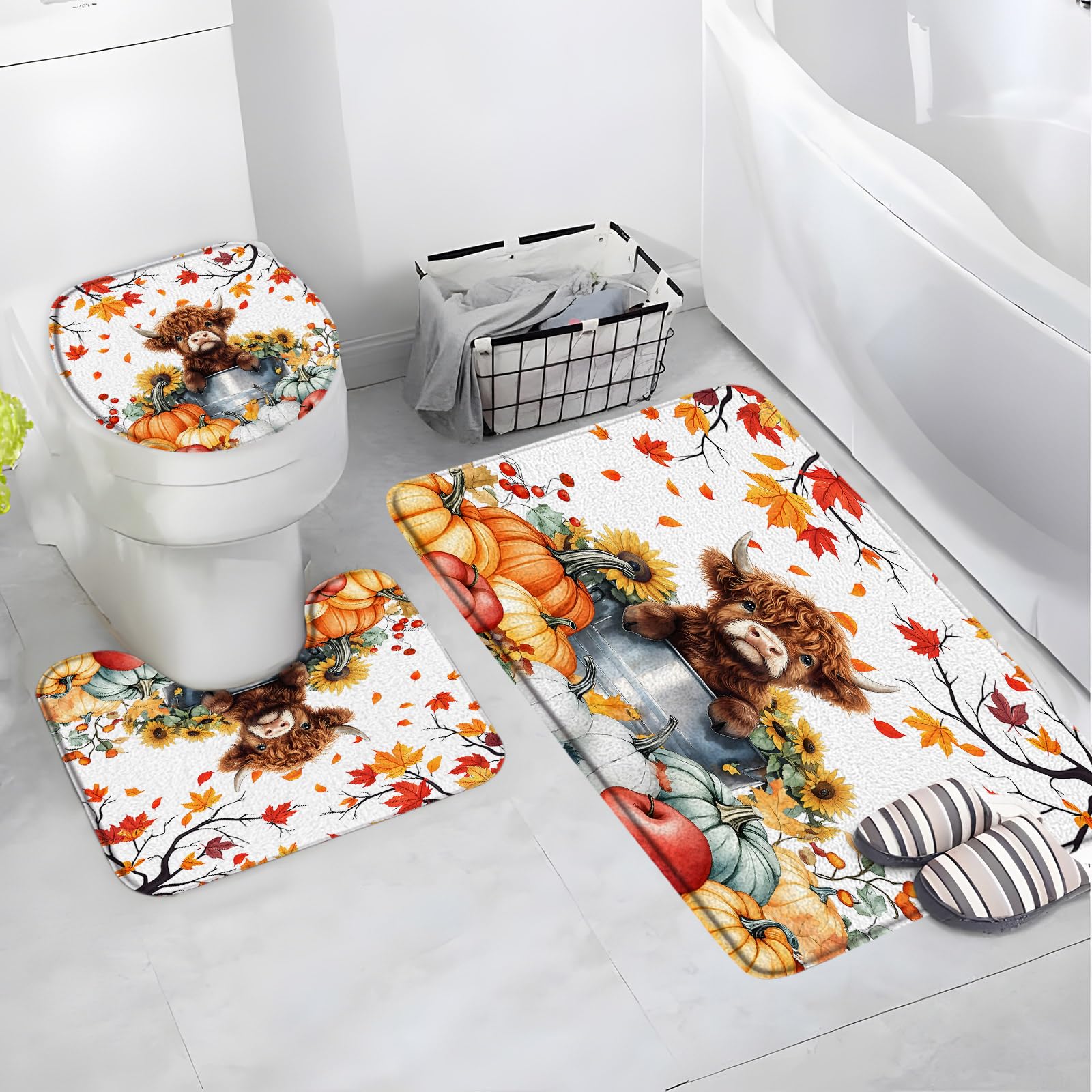 AYDSMYD 3 Piece Fall Pumpkin Bath Mat Funny Highland Cow Autumn Thanksgiving Harvest Rustic Farmhouse Sunflower Maple Leaves Bathroom Bathtub Floor Rugs Absorbent Doormat Toilet Decor