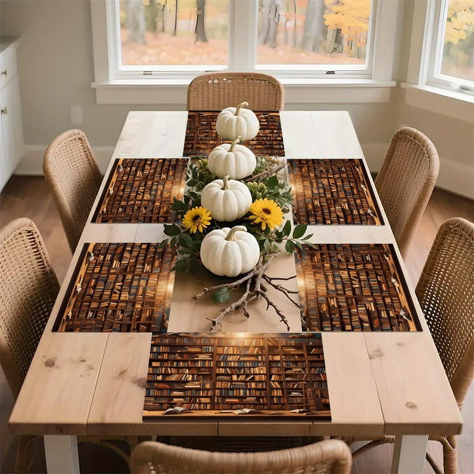 Books Placemats Wipeable Heat Resistant Table Mats Washable Flax Place Mats Elegant Cloth Non-Slip Placemat for Kitchen Dinning Party Table Decor 12 * 18 in