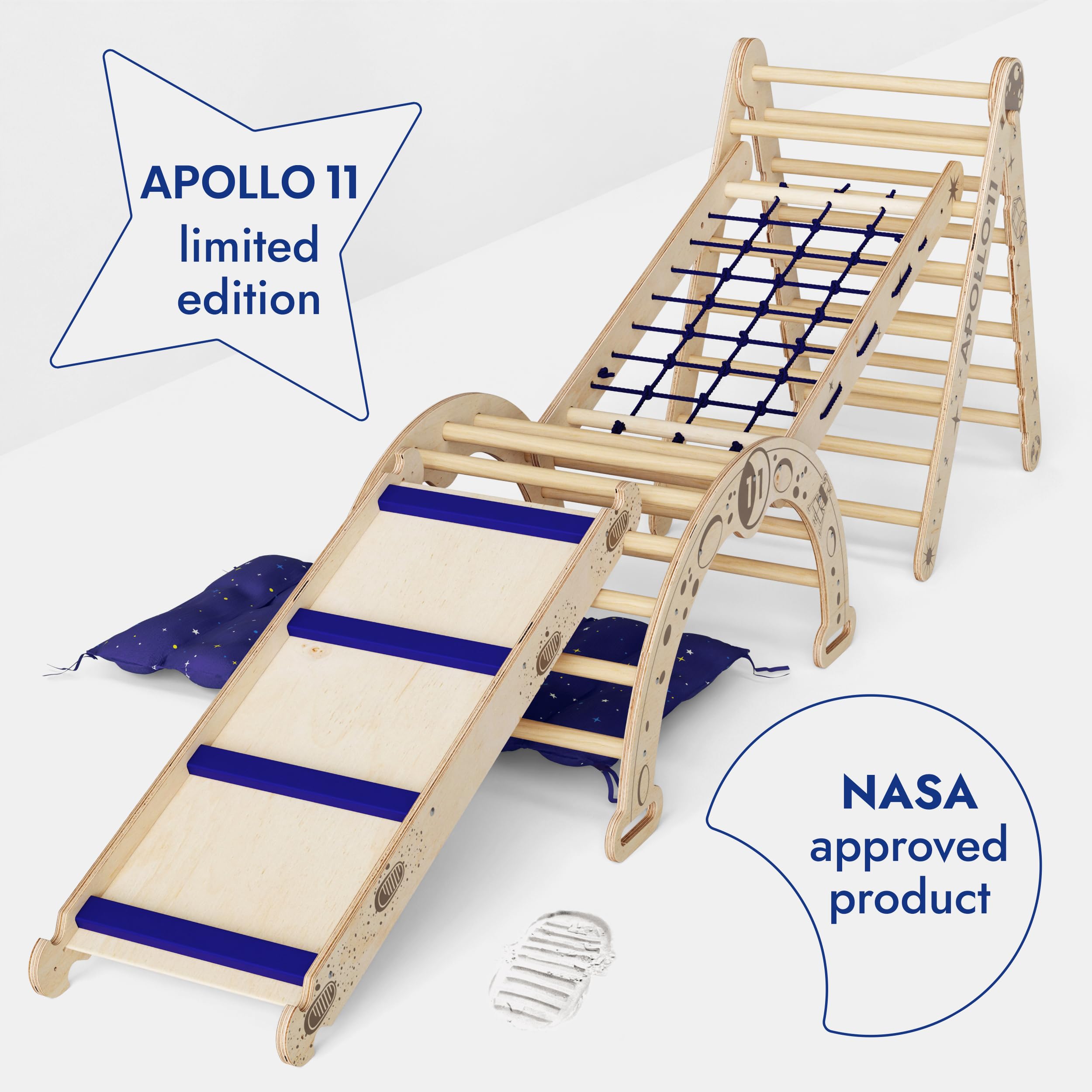 Goodevas Apollo 5 in 1 Space Set da arrampicata per bambini – Attrezzo da gioco in legno Montessori ispirato alla NASA: Triangolo Pikler, arco lunare, scivolo, rete e cuscino a stella, per piccoli