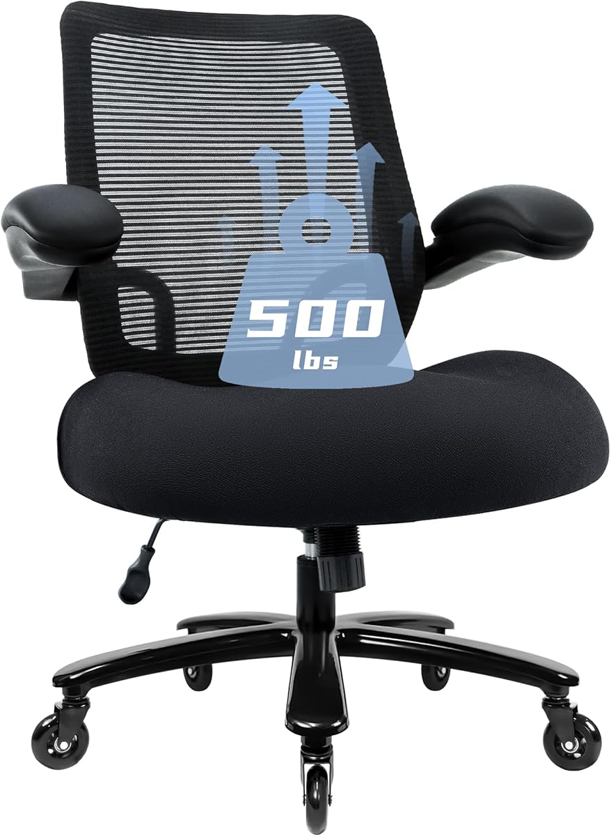 500lbs Big and Tall Office Chair - Heavy Duty Mesh Ergonomic Desk Chair, High Back Computer Chair - Flip-up Armrests, Wide Thick Seat Cushion, Quiet Wheels