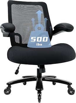 Kassipo 500LBS Big and Tall Office Chair with Flip-Up Armrests, Heavy Duty Office Chair for Heavy People, Memory Foam Seat Filling Springs, Black