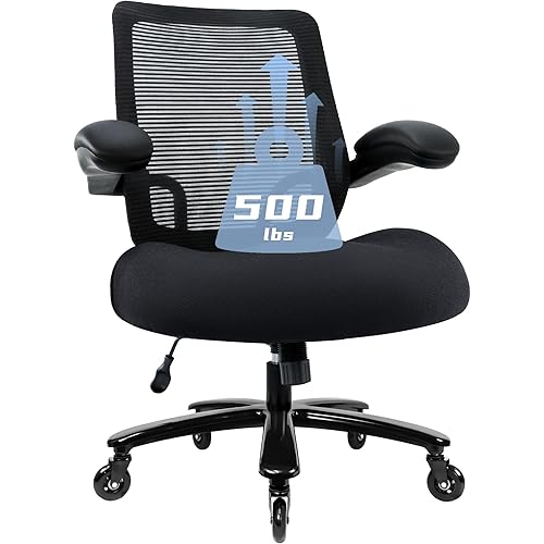 500lbs Big and Tall Office Chair - Heavy Duty Mesh Ergonomic Desk Chair, High Back Computer Chair - Flip-up Armrests, Wide Thick Seat Cushion, Quiet Wheels