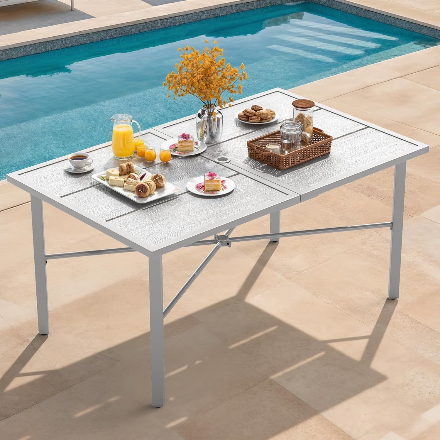 YITAHOME Patio Table Rectangle 59.1"x35.4" Outdoor Tables with Umbrella Hole & Adjustable Levelers All-Weather Outdoor Patio Table with Metal Frame for Lawn Garden Backyard, Gray