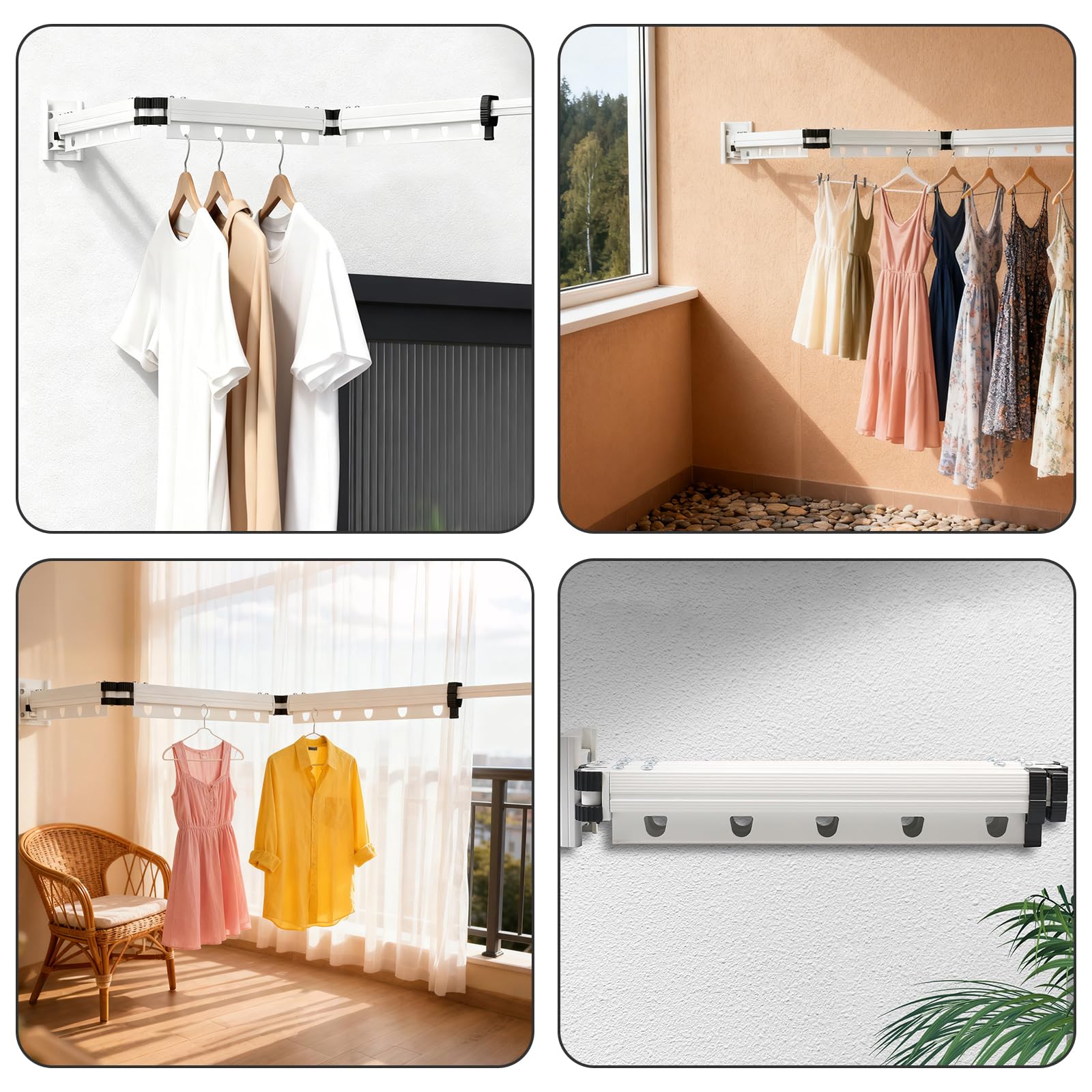 Longzhuo Séchoir à Linge Mural Pliable en 3 Parties, 125cm Étendoir à Linge Retractable Interieur, Tringle à Vêtements Extensible Peu pour Balcon, Buanderie, Salle de Bain, Caravane Extérieure(Blanc)