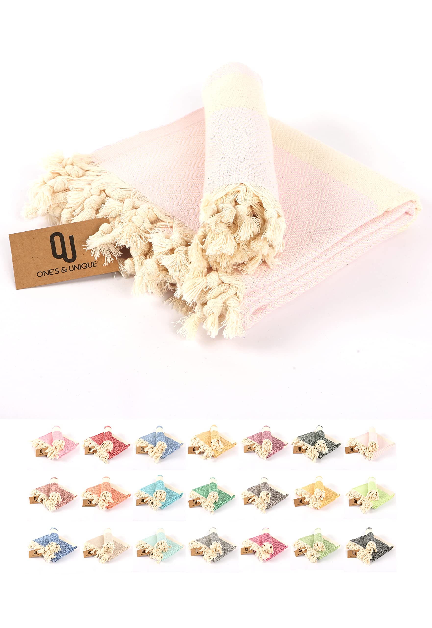 One's & Unique Beach Towel with Hair Towel (2Pcs.: 40x72 & 20x40), 100% Organic Cotton, 60% Thicker-Softer-Absorber, Turkish Bath Towel, Very Useful as Beach Blanket (Candy Pink)