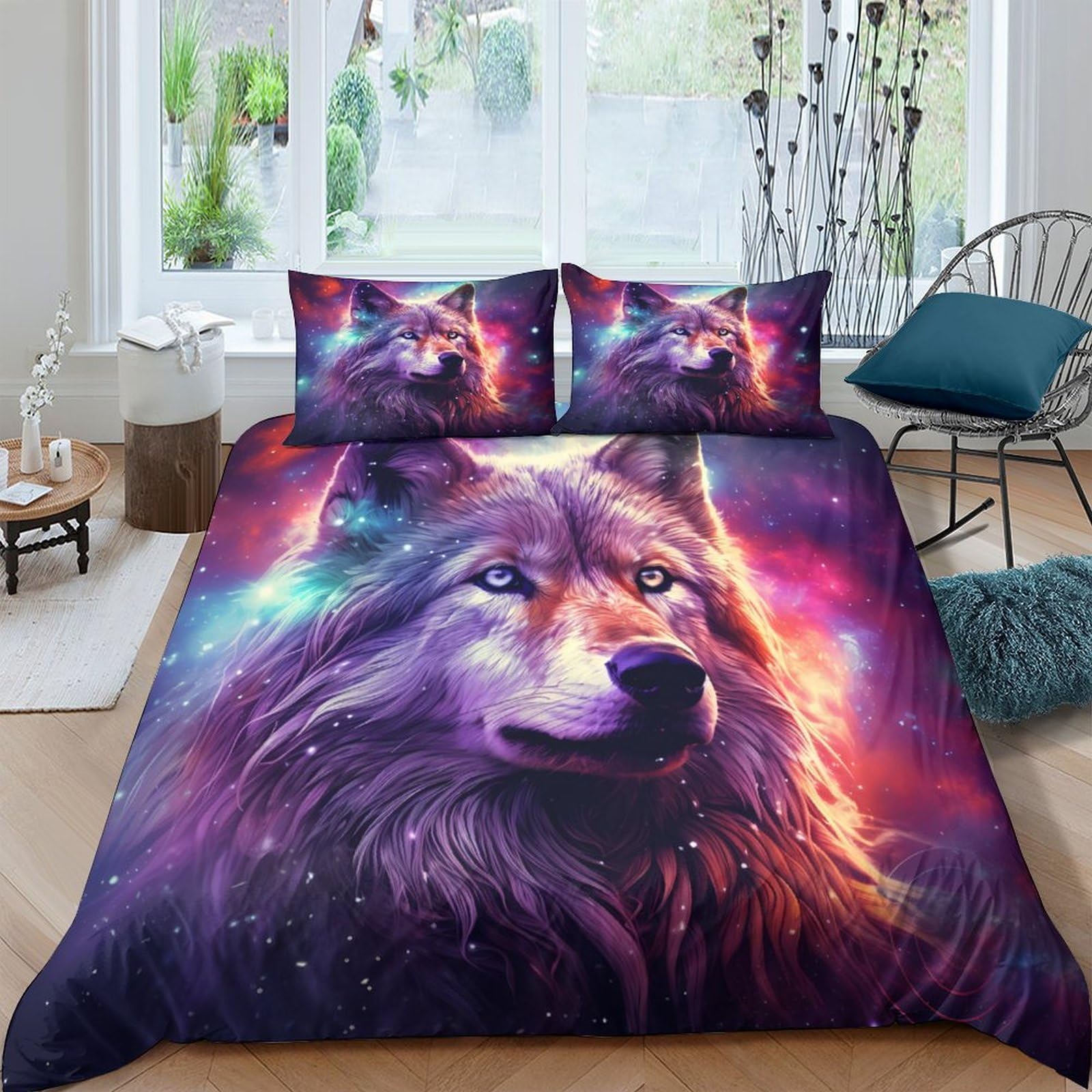 Ctjqhvkz Style-3 3D Printed Wolf Galaxy Fitted Sheet Microfiber Soft Bedroom Decor Cosmic Nebula Mattress Cover For Home Dorm Single（135X200cm）