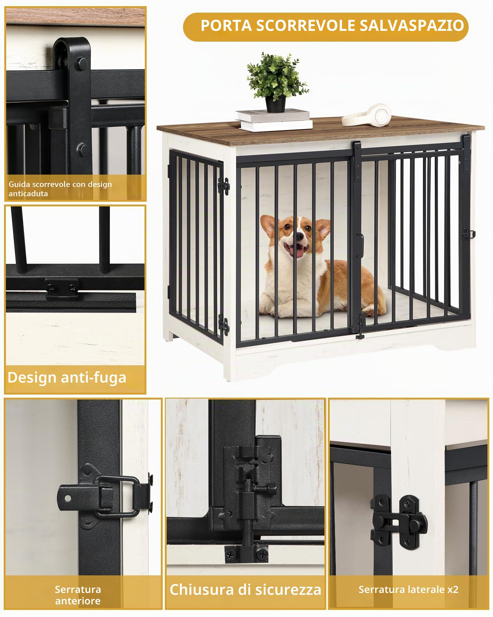Hzuaneri 81cm Gabbia per Cani, Tavolo Supplemento, Nicchia Moderna per Cani, Gabbia per Cuccioli, Casetta per Animali, 2 porte, 55 x 81 x 67,5 cm, Bianco e Marrone DFC83614B