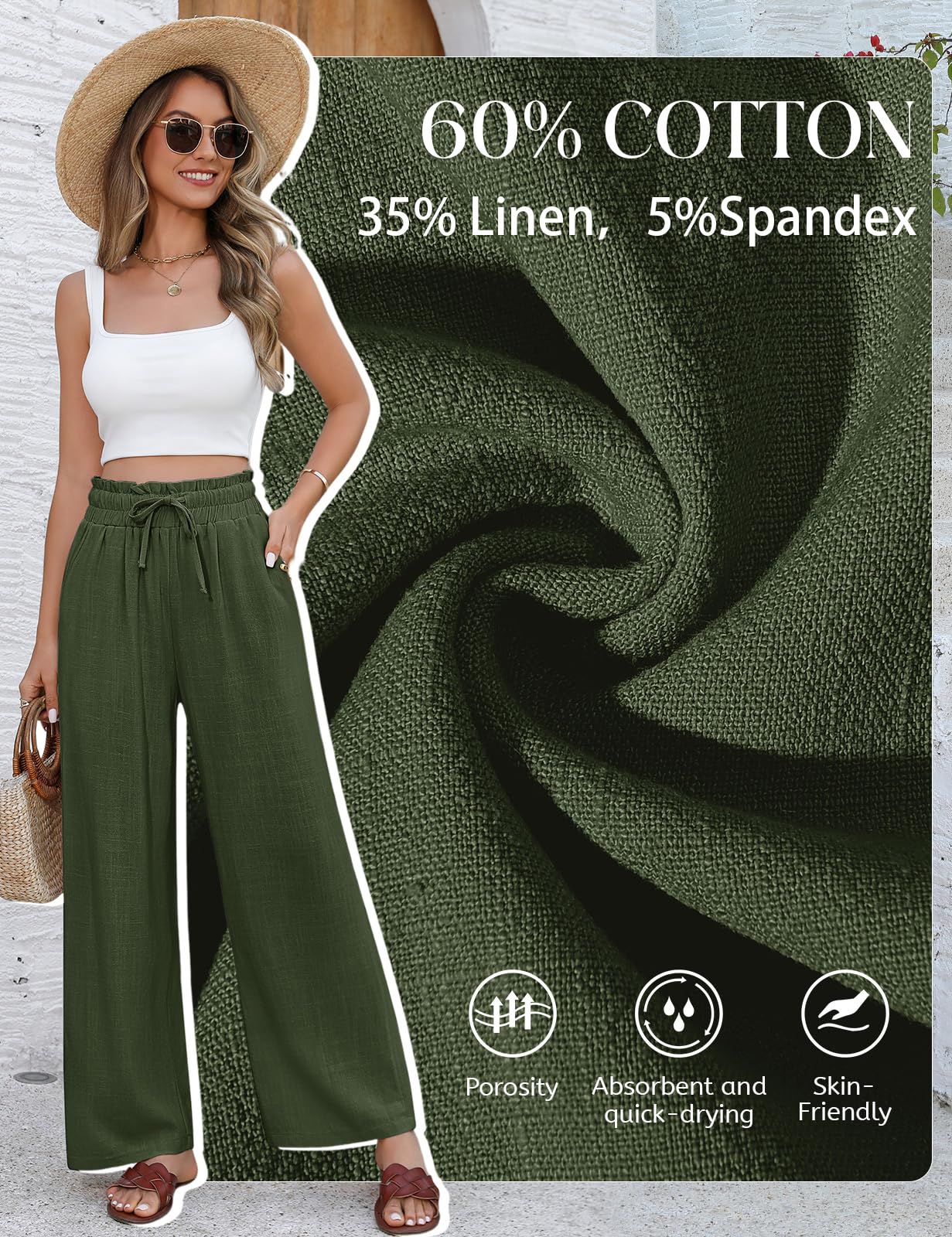 heekpek Leinenhose Damen Sommerhose Leichte Luftige Baumwolle Leinen Weites Bein Hose Sommer Loose Lang Freizeithose Elastisch Hohe Taille Bequeme Stoffhose Elegante Strandhose