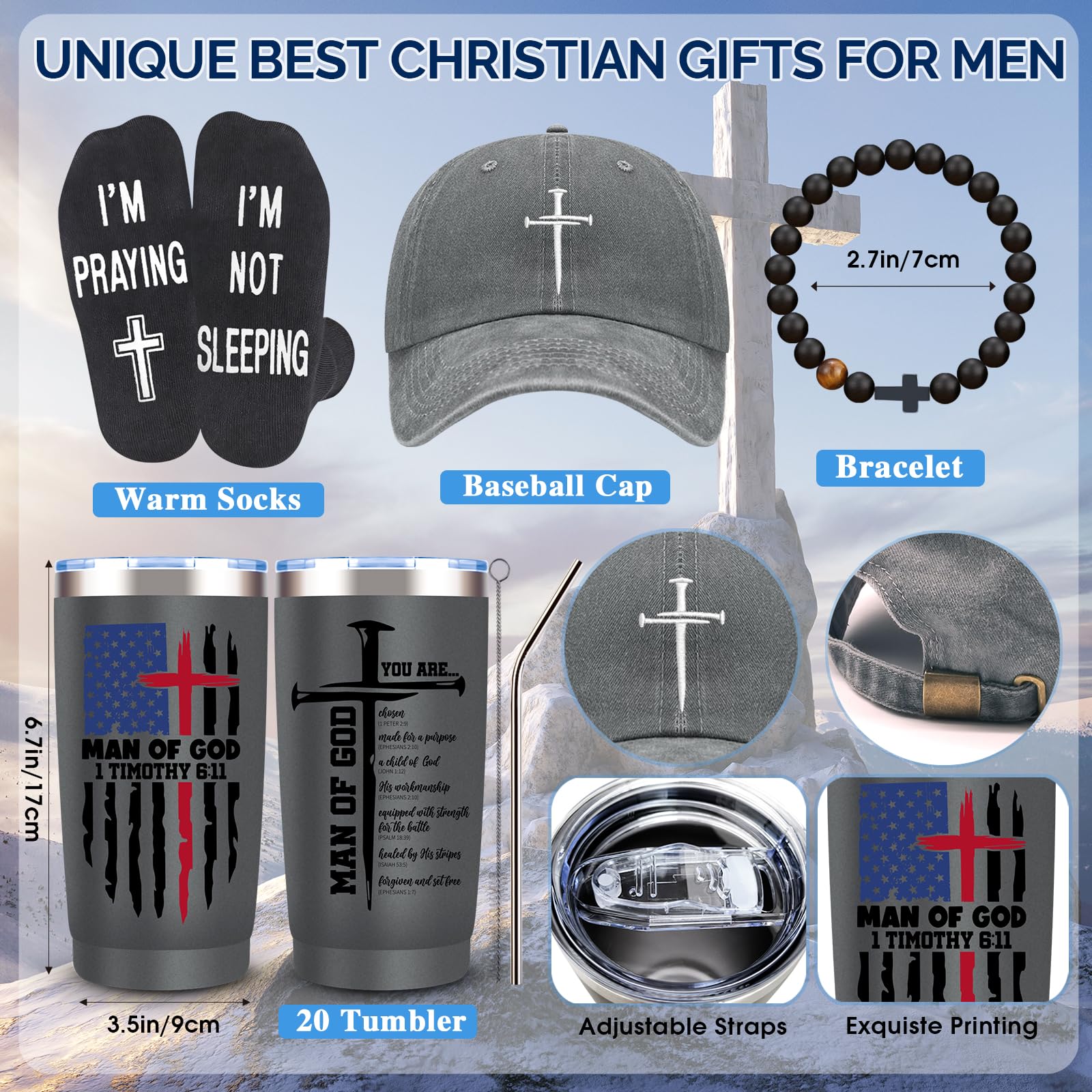 JTAMOHI 10 Pcs Christian Gifts for Men Faith, Inspirational Religious Gifts, Catholic Gift with 20 Oz Tumbler Bible Verses Crystal Plaque Hat Socks Bracelet for Husband, Dad, Grandpa, Friends