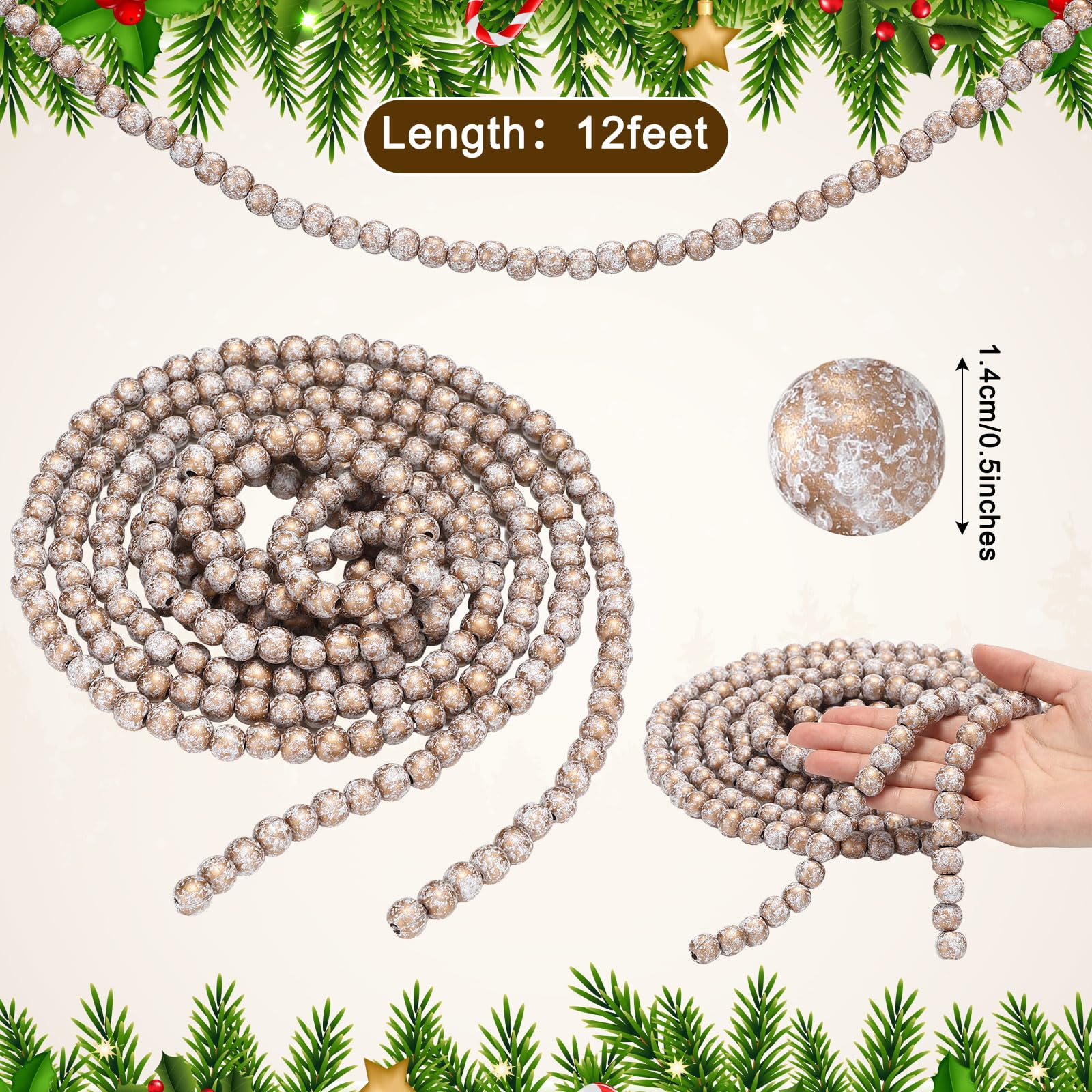 Hicarer Guirlande de perles de Noël en bois pour sapin de Noël - 3,7 m - Blanc doré