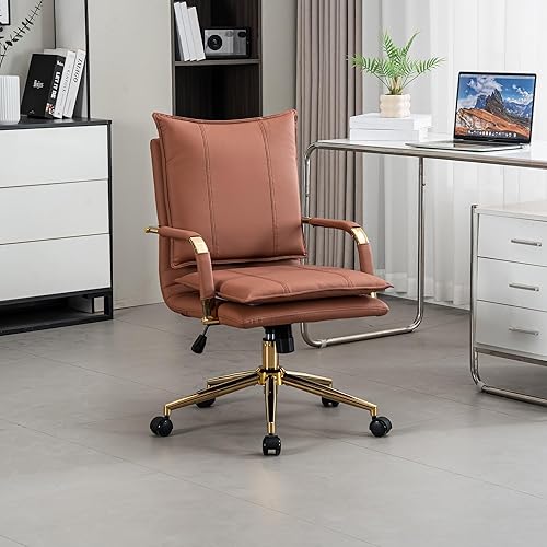 Miniatura 9 de Sillas de escritorio de cuero para oficina en casa, silla de oficina cómoda, silla giratoria ajustable con respaldo medio con patas y brazos
