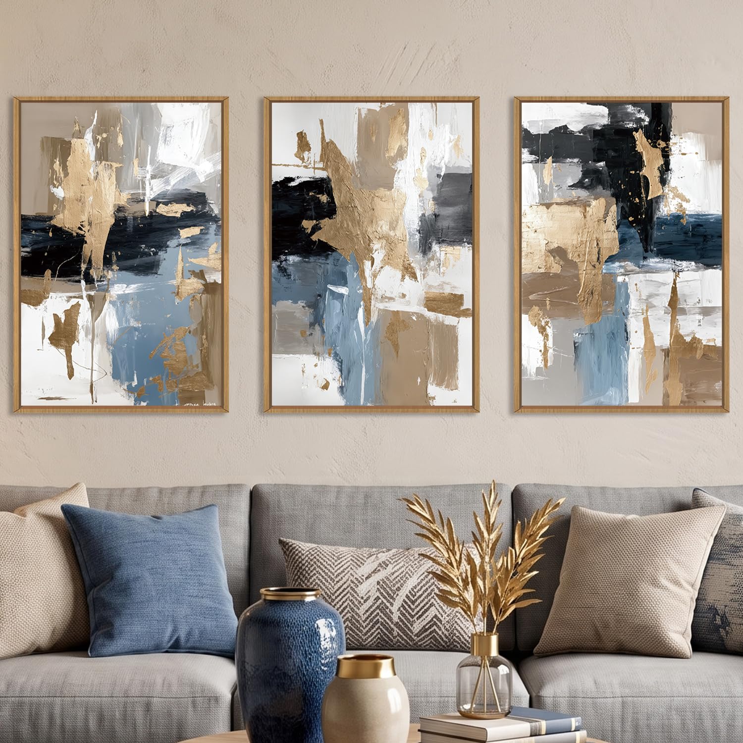 KAIRNE Navy Blue and Gold Abstract Framed Canvas Wall Art Set-24"x36"x3