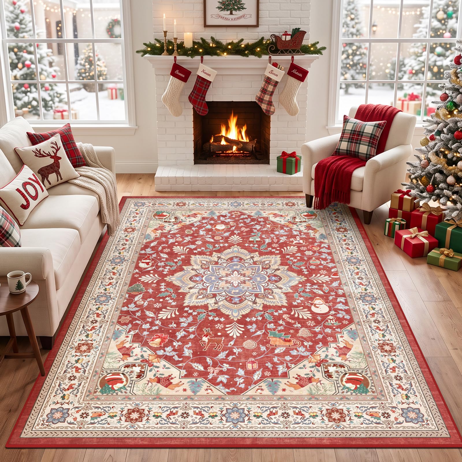 TUKDAK Vintage Red Christmas Rugs for Living Room 120x180cm Washable Boho — image 1