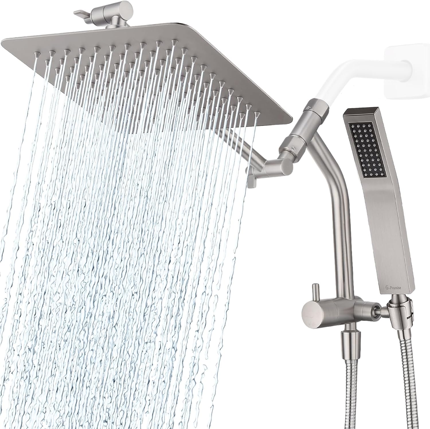 G-Promise All Metal Dual Square Shower Head Combo, Shower Diverter with Low Handheld Holder, 3-Way Diverter Valve with Pause Mode (Brushed Nickel)