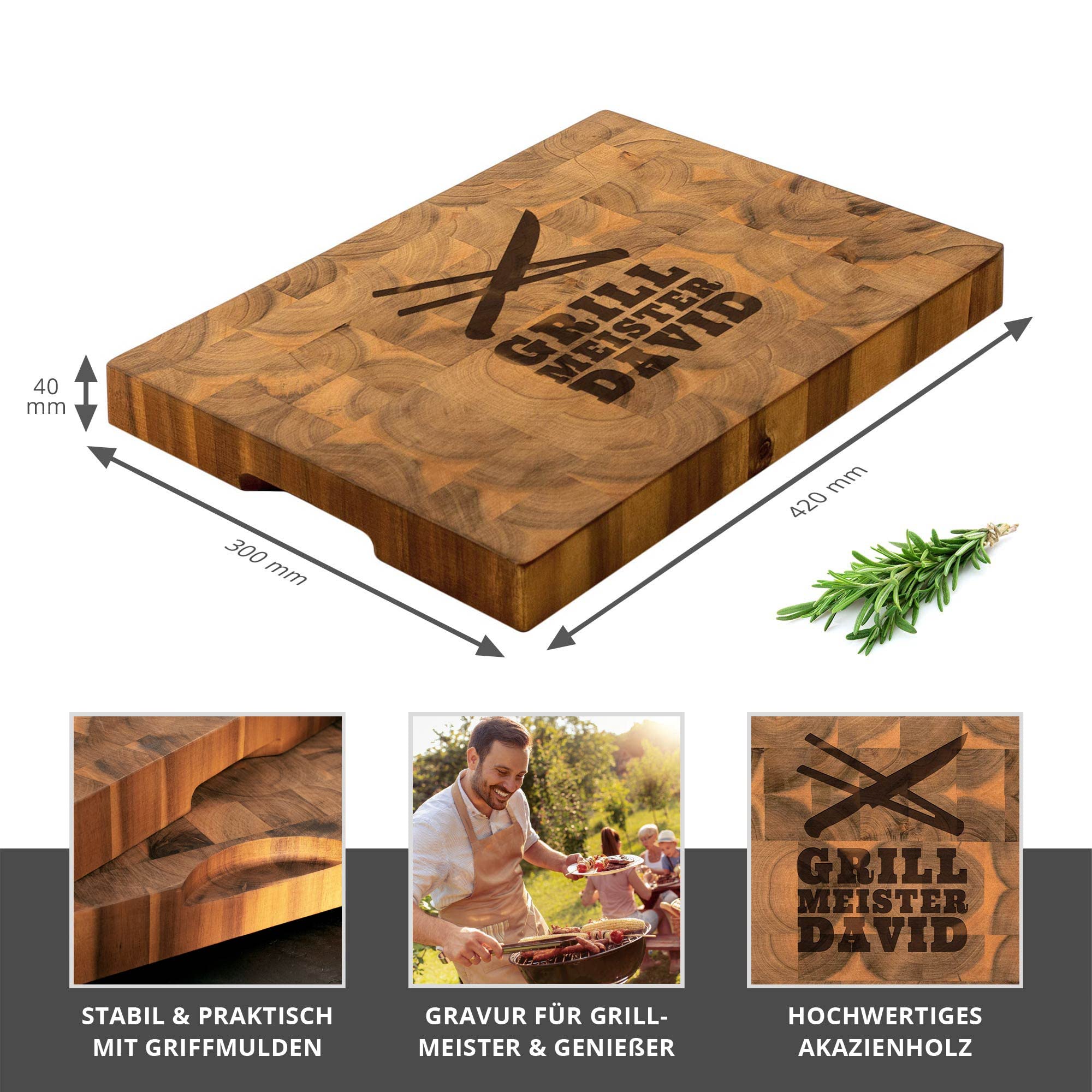 Casa Vivente Schneideblock aus Holz mit Gravur für Grillmeister, Personalisiert mit Name, Küchenzubehör für Genießer, 42 x 30 x 4 cm