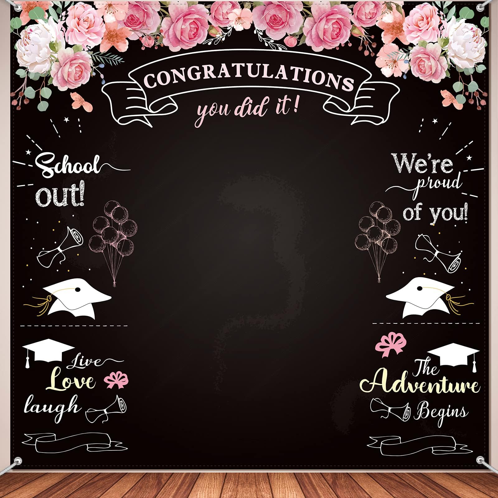 Sumind 70.9 x 70.9 Inch Class of 2026 Graduation Backdrops for Photoshoot Fabric Floral Congratulation Backdrop Congrats Photography Background for Graduation Prom Party Decor Photo(Pink,Black)