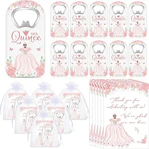 50 Sets Quinceanera Party Favor Gifts for Guests Mis Quince Bottle Opener Fridge Magnet with Thank You Card and Organza Bag 15 Years Birthday Party Favors for Girls Souvenirs (Pink)