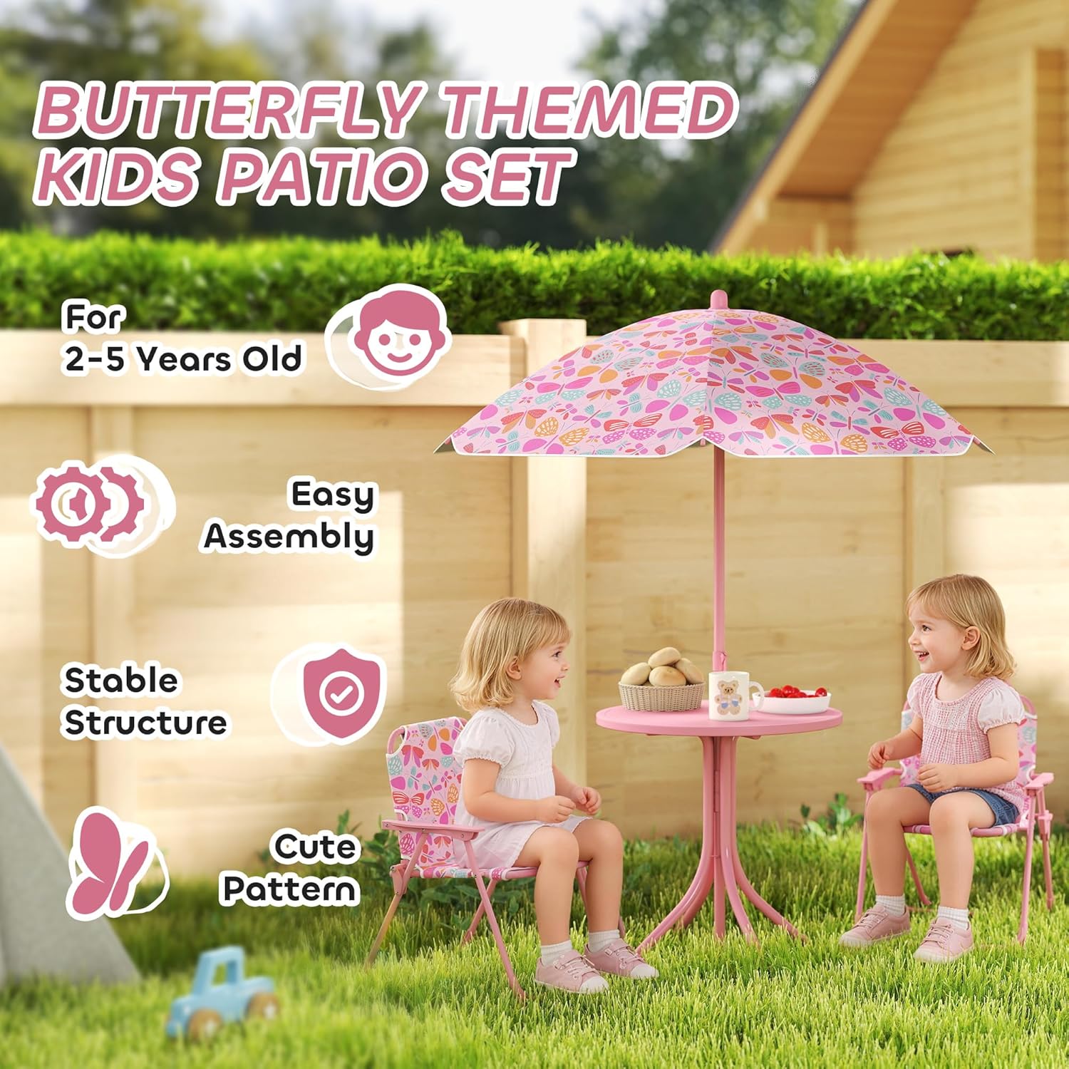Qaba Kids Picnic Table and Chair Set, Outdoor Activity Table with Foldable Chairs, Removable Umbrella, Butterfly Pattern Toddler Patio Furniture for Backyard, Garden, Pink