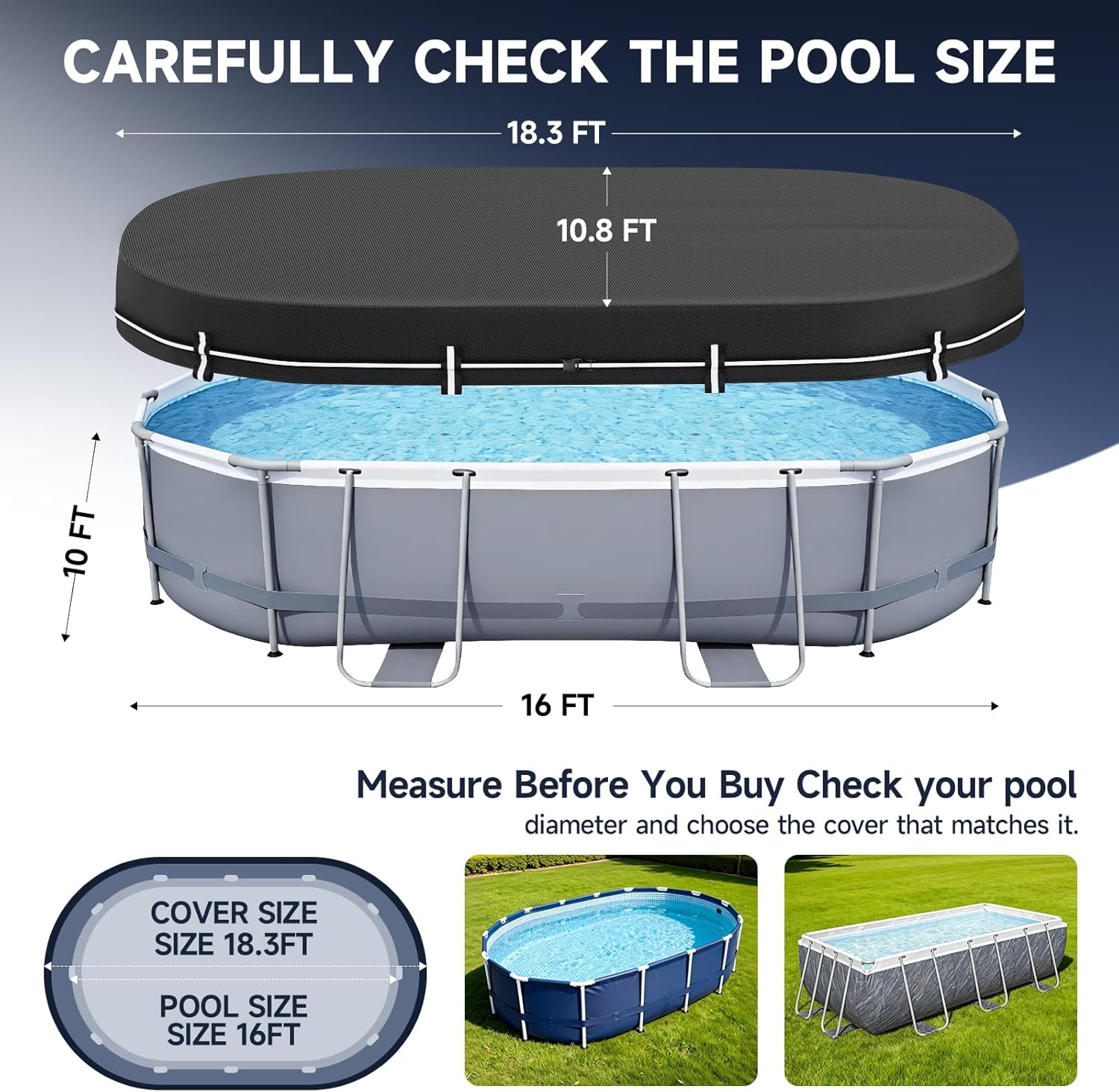 LXKCKJ 10X16 FT Rectangular Pool Covers for Above Ground Pools, 420D Solar Oval Pool Cover with Accessories Set, Integrated Design Pool Tarpaulin Ideal for Waterproof, Dustproof, Windproof