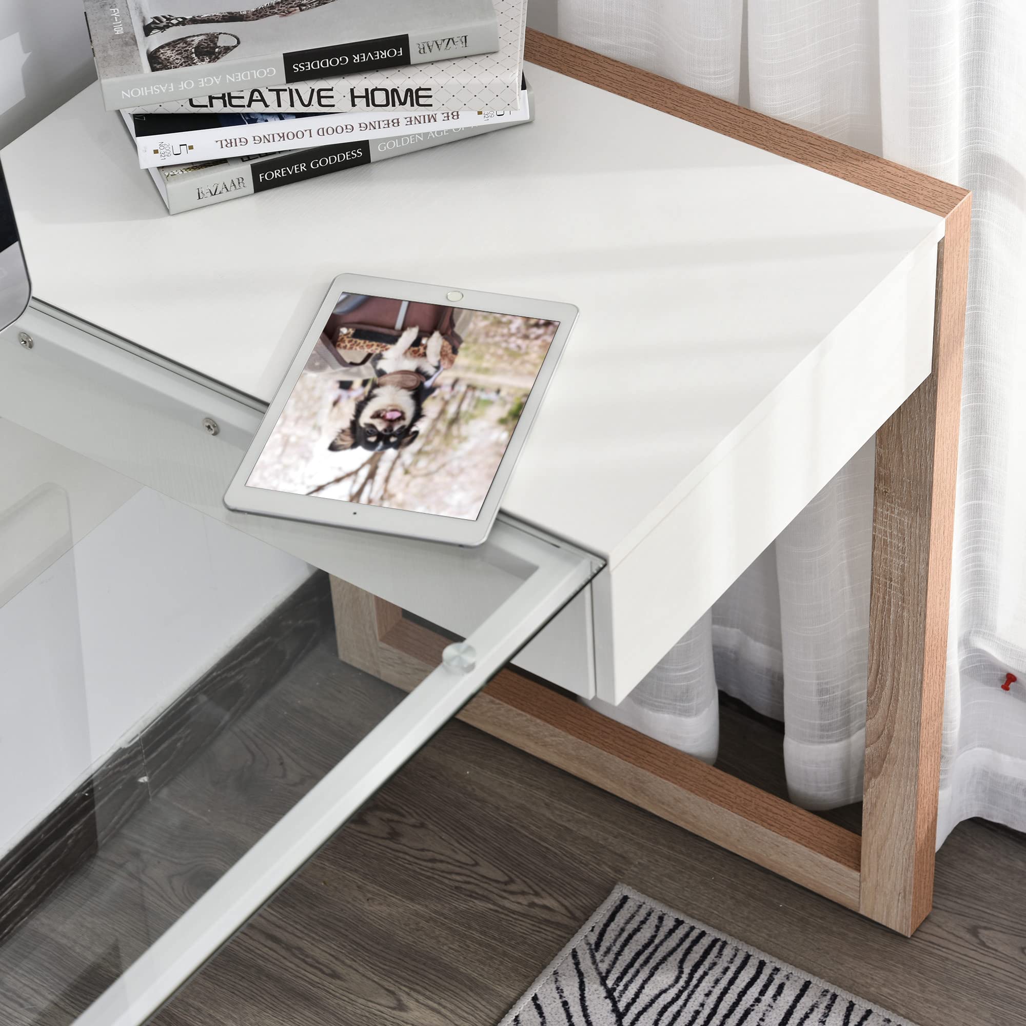 HOMCOM Mesa de Ordenador Diseño Moderno Cajón Oficina 120x60x75 cm Blanco | Mesa de Escritorio, Tablero de Vidrio Templado, Combinación de Estilos, Estudio
