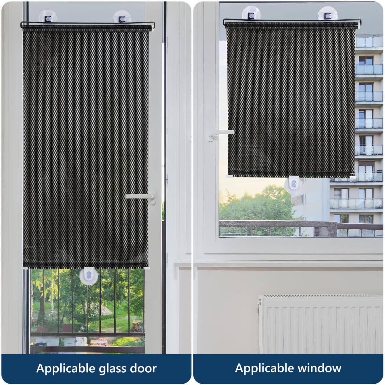DOITOOL Roller Blinds with Suction Cups Blackout Curtain for Balcony Window Door Temporary Sun Blocking Shades