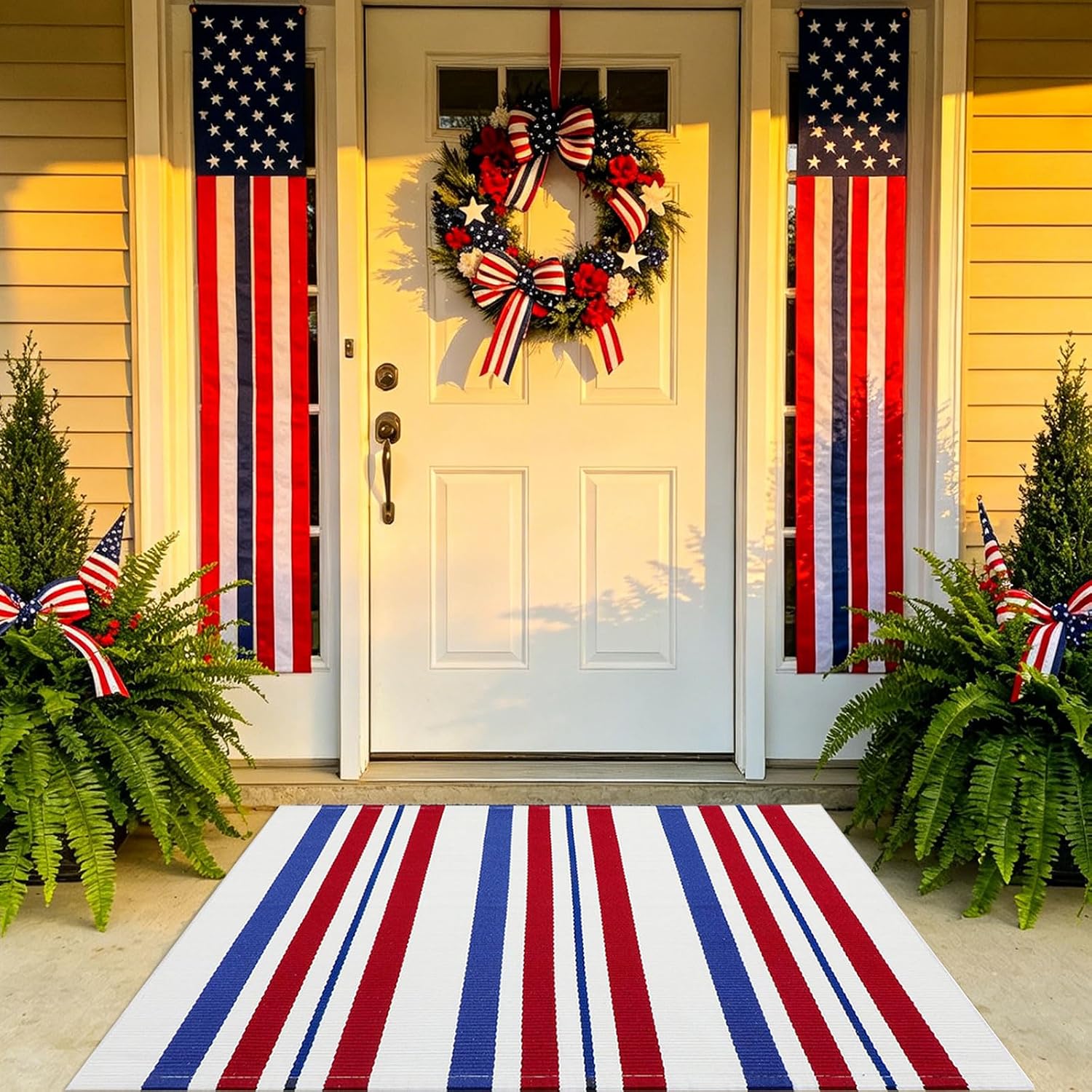 USA 250th Anniversary Patriotic Doormat, 2'4" x 3'7" Red White and Blue Striped Outdoor Rug, Washable Farmhouse Front Porch Welcome Mat for Memorial Day, 4th of July, and Independence Day Decor